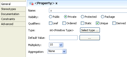 This image shows the General page of the Properties view. The multiplicity of the property called x is set to 10.