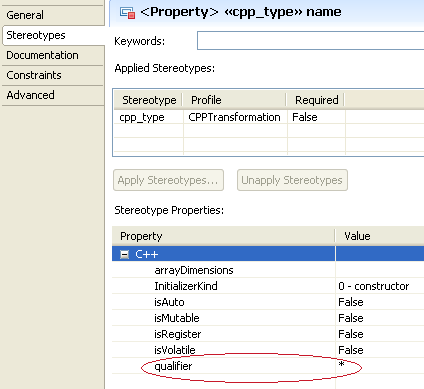 This image shows the qualifier property is set to a pointer operator, which is represented by an asterisk.