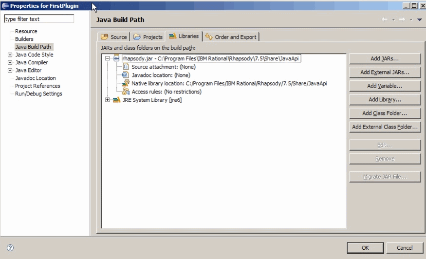 Properties for FirstPlugin window showing Libraries tab
