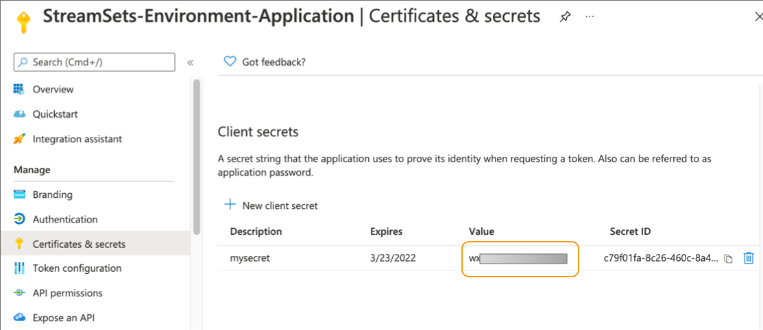 Client secret generated for the application