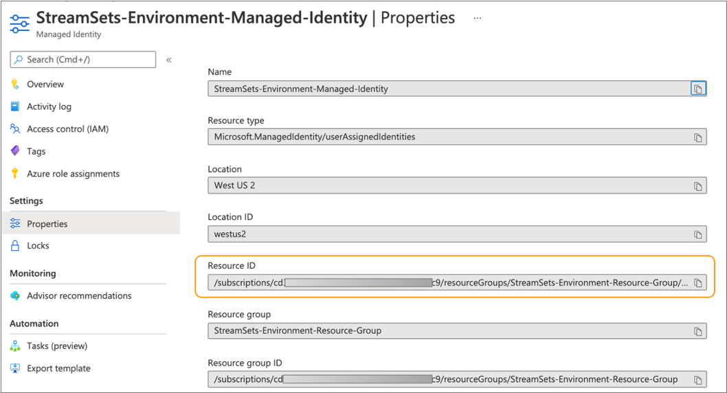 Resource ID displayed in the managed identity properties