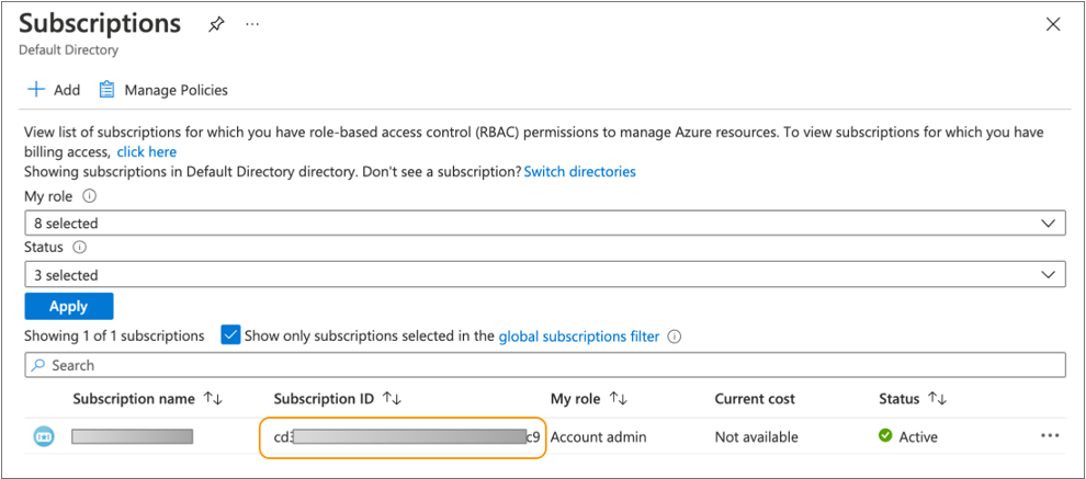 List of subscriptions in the Azure portal