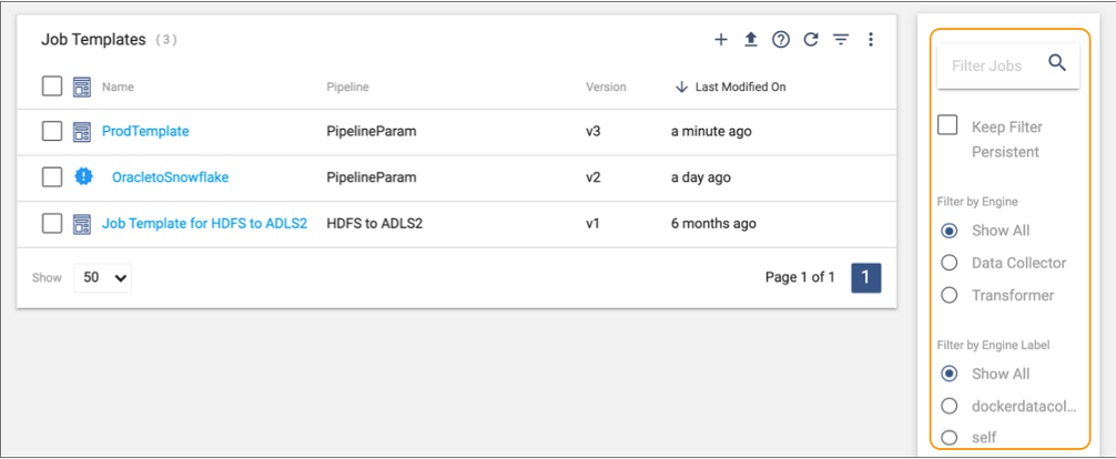 Filter column in the Job Templates view