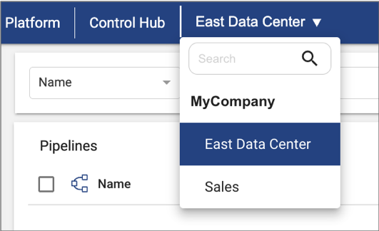 Organization menu showing the East Data Center project