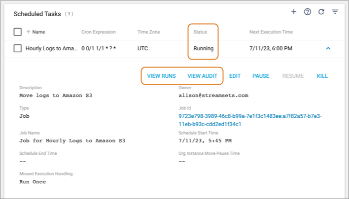 Viewing the runs or the audit for a running scheduled task