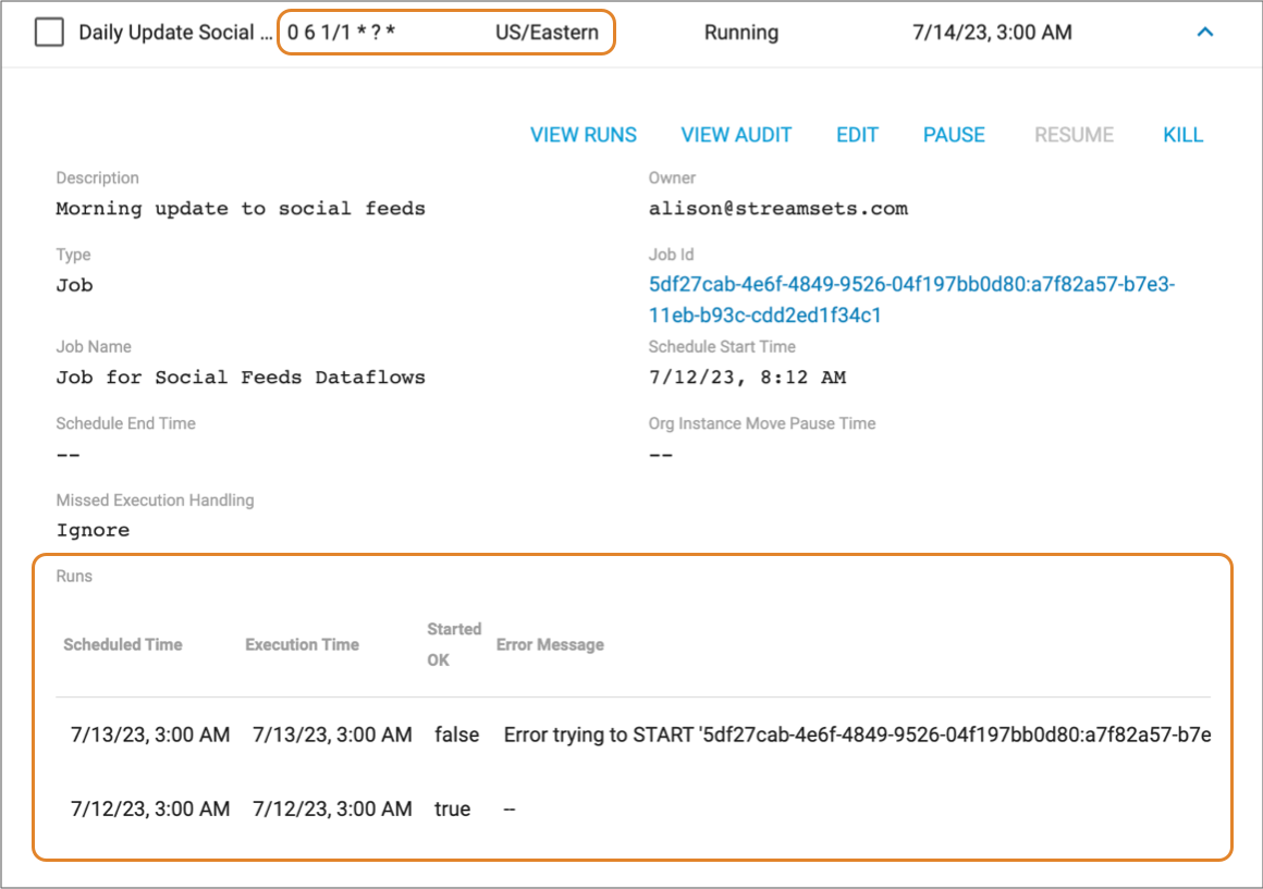 View Runs listing each attempt to run the task
