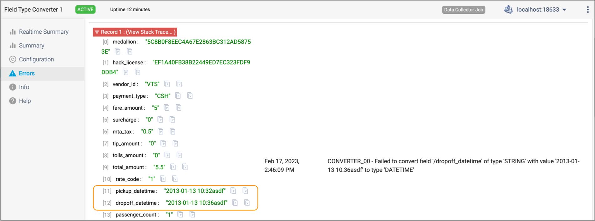 Expanded error record displays invalid data