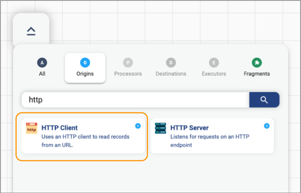 HTTP Client origin selected from the stage selector