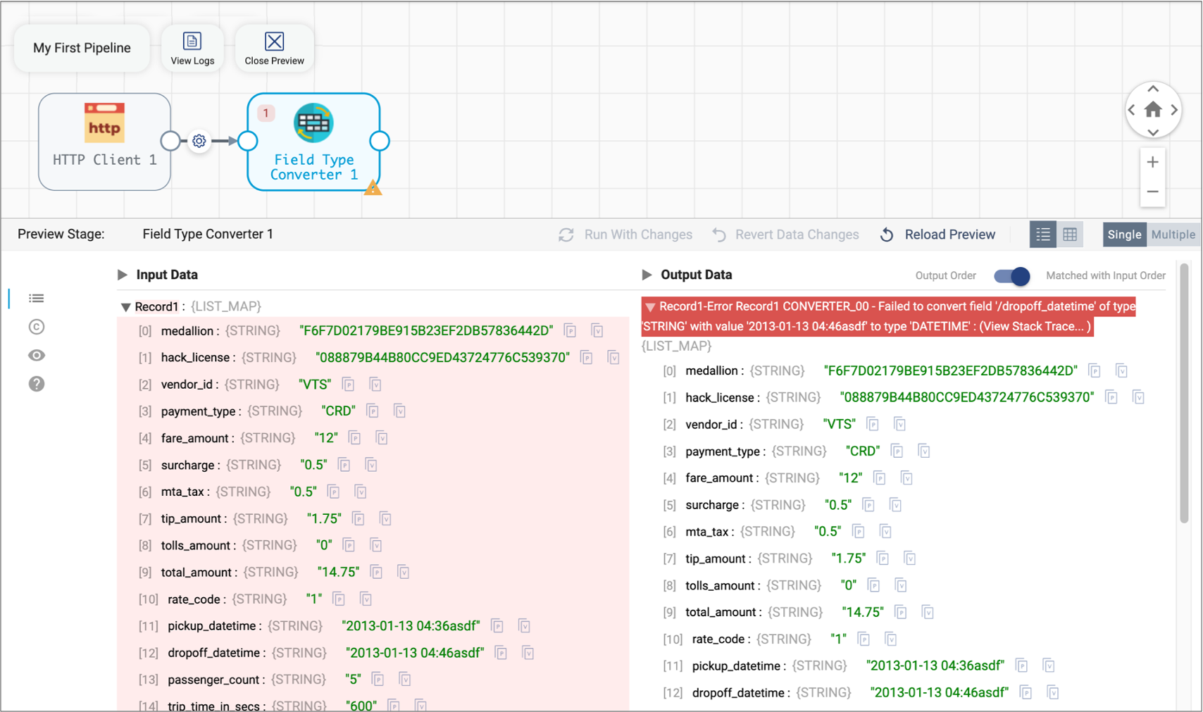 Preview highlighting the first record in red and displaying an error message