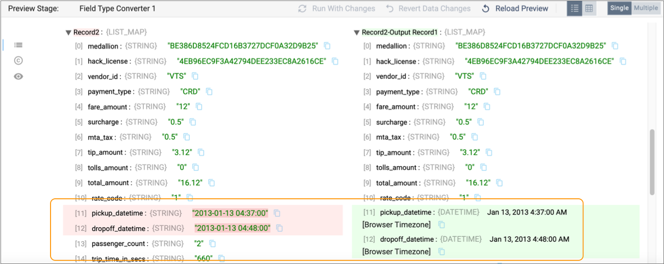 Preview showing date fields converted to the Datetime data type