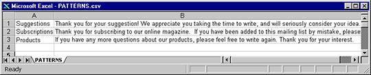 The sample CSV file shows the category name in column 1 and the response in column 2. For example, the canned response for the category Suggestions is "Thank you for your suggestion! We appreciate you taking thetime to write, and will seriously consider your idea."