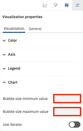 Bubble size minimum value and maximum value fields in the Chart section of the Properties icon