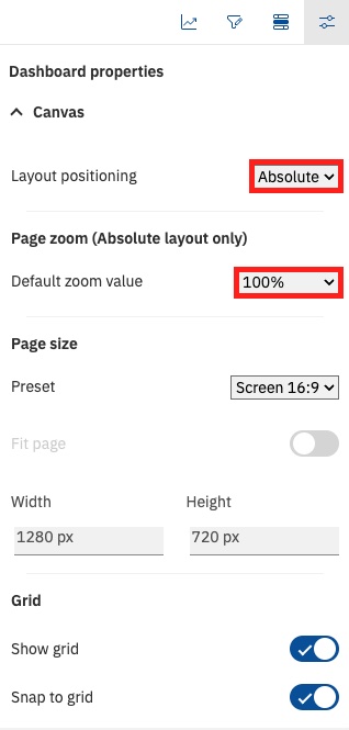 Dashboard properties with Layout positioning set to Absolute and Default zoom value set to 100%