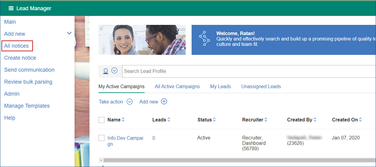 Lead Manager home page - notices are moved to a new menu.