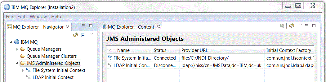 A screen capture of the JMS Administered Objects folder in the Navigator view.