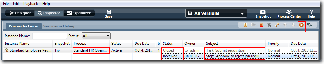 Inspector view with location of "Run selected task" icon.