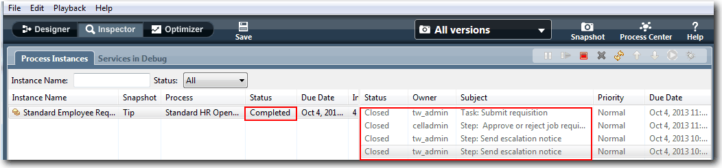 Inspector view showing completed instance and closed tasks.