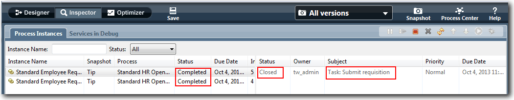 Inspector view showing completed instance and closed task.