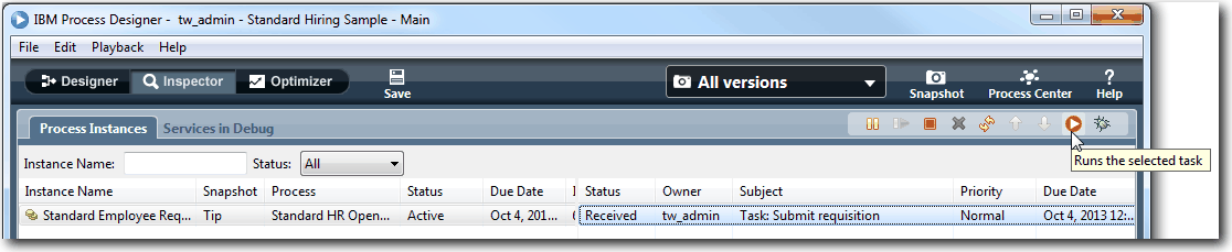Process diagram in Designer view, showing location of Run Process icon.