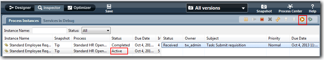 Inspector view showing active process instance and task.