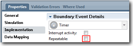 Designer view showing the Properties Implementation page with the Repeatable icon not checked.