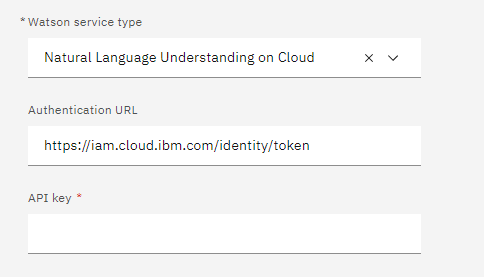 Natural Language Understanding service type, Authentication URL and API Key properties