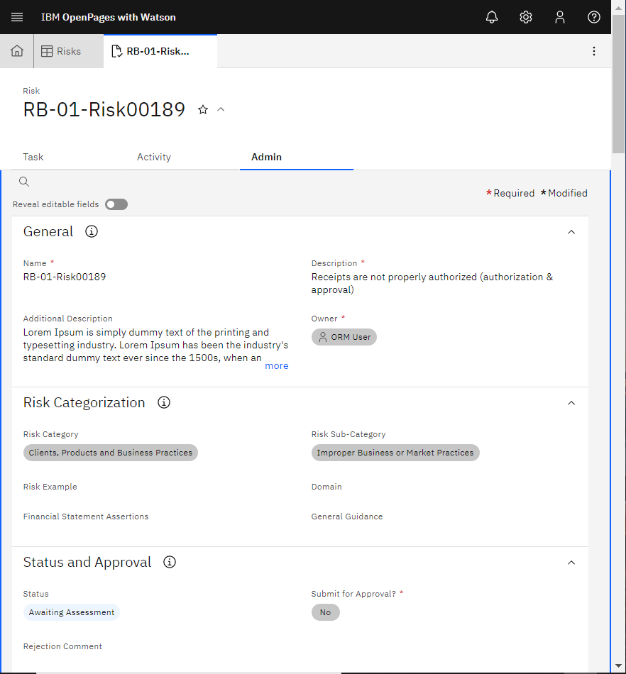 Risk open in an Admin View showing fields and associations