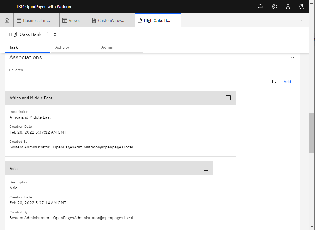 Business entity card showing children