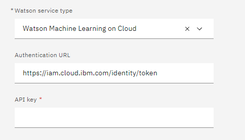 Watson Machine Learning service type, Authentication URL and API Key properties