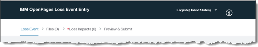 The Loss Event Entry app is shown. The app has four tabs: Loss Event, Files, Loss Impacts, and Review & Submit. A red dot on the Loss Impacts tab indicates that the tab is required.