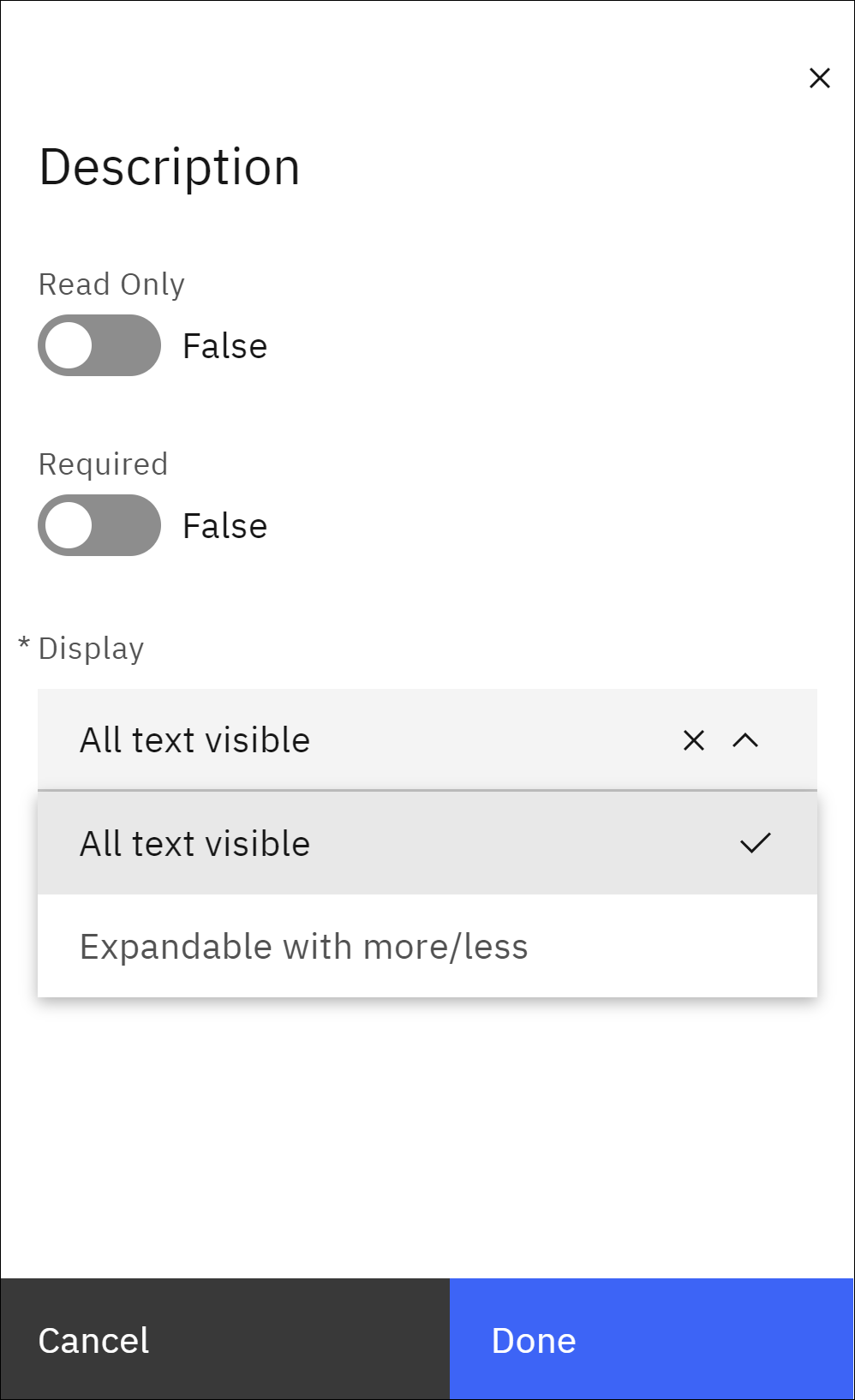 Example of text display settings for the Description field.