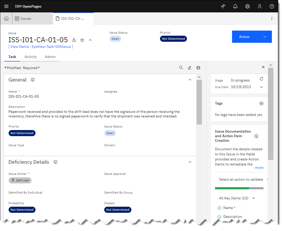 Risk open in a task view showing sections, inline guidance, and fields.