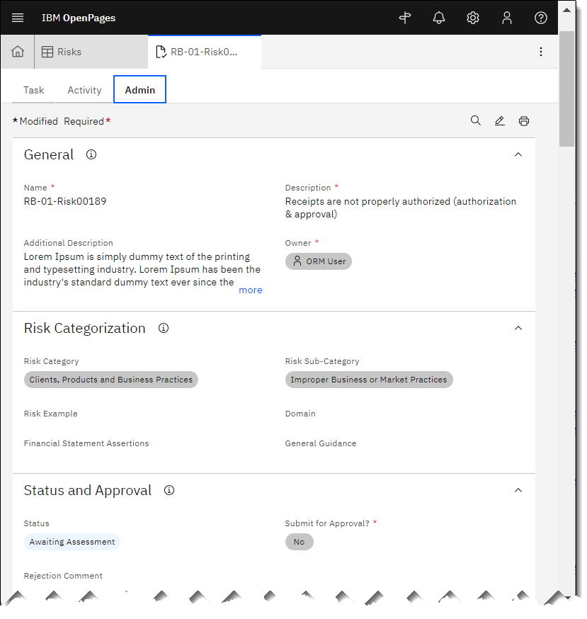 Risk open in an Admin View showing fields and associations