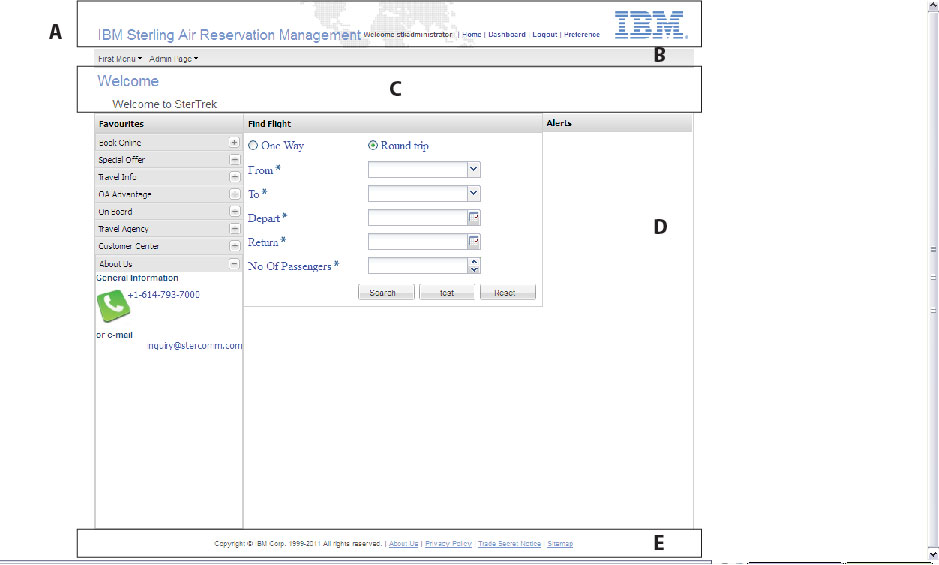 A sample screen for an airline management system, with five parts