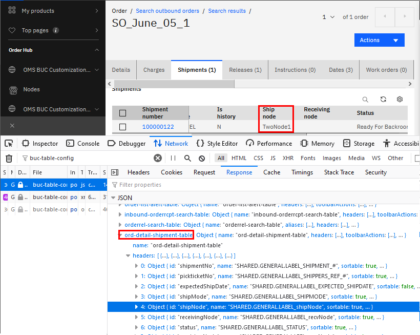 Browser network tab shows the response for the buc-field-details.json file.