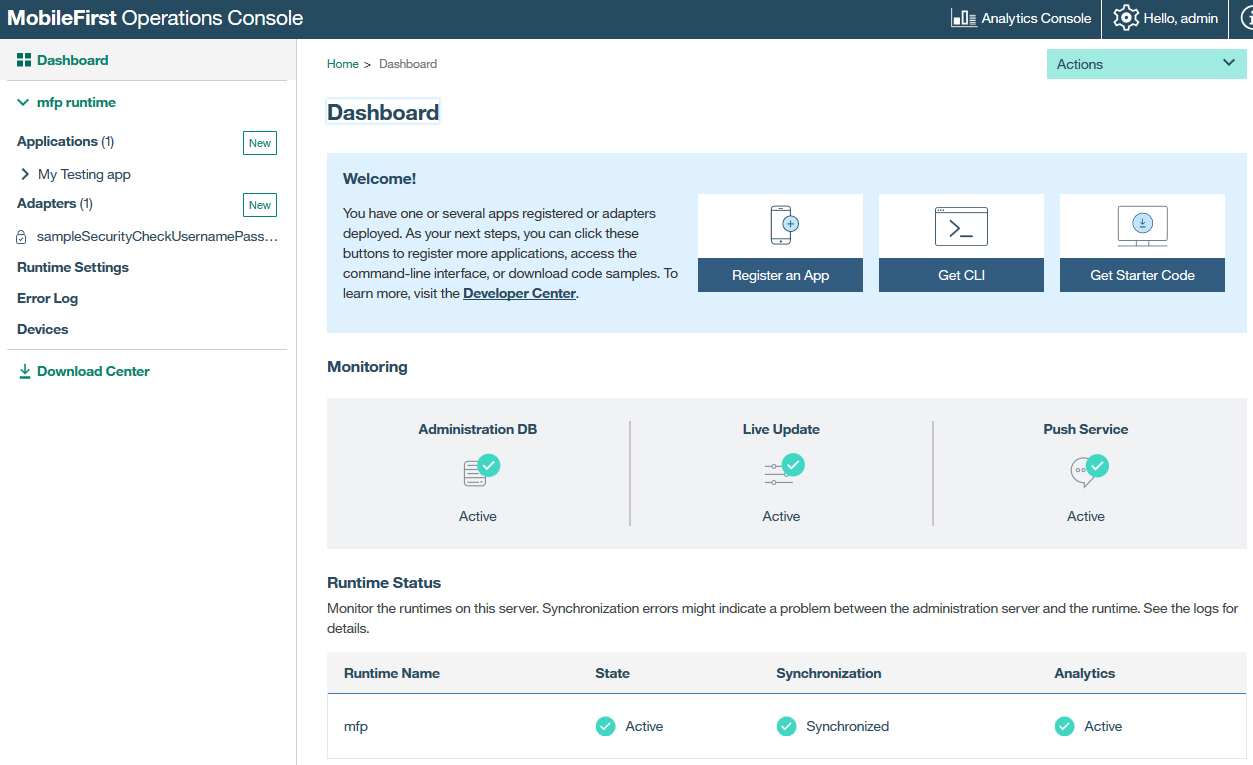 This figure shows a screen capture of the Operations Console Dashboard.