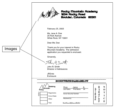 This figure shows two images on the sample page. One image is a picture of mountains, which is the company logo; the other image is a signature.