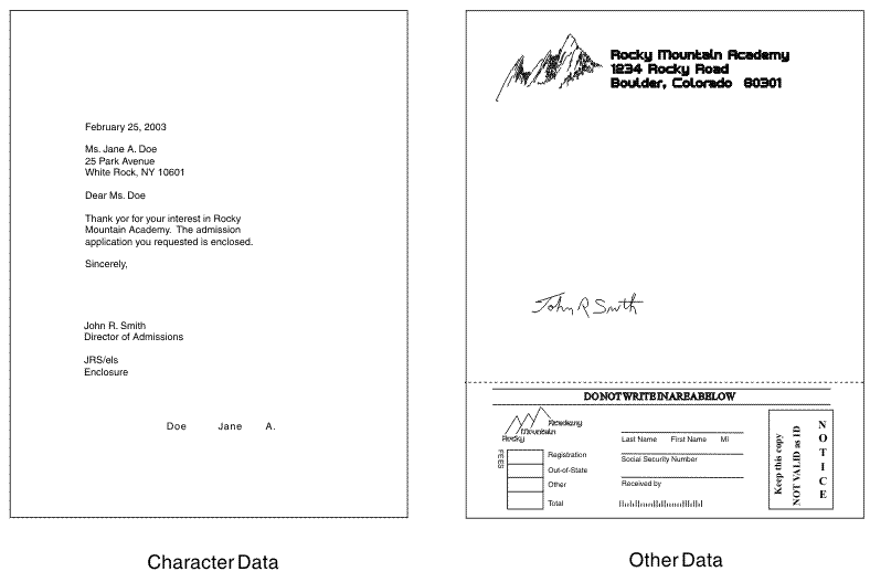 This figure shows two pages. The first page is a typed memo with text only. The second page is made up of overlays and graphics that include a letterhead, a blank area with a signature, and a tear-off form with labeled blank lines, a line-drawing of the company logo, rotated text in a box, labeled boxes for text, and a bar code.