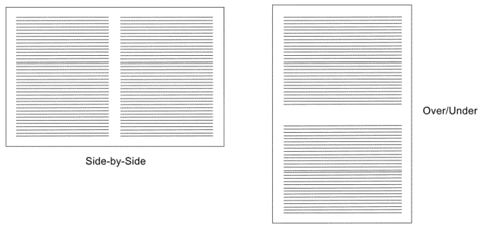 This figure shows two ways of placing two subpages on one physical sheet. The first sheet is in landscape orientation and the page is divided in half vertically so the subpages are side by side. The second sheet is in portrait orientation and the page is divided in half horizontally so the subpages are over or under each other.