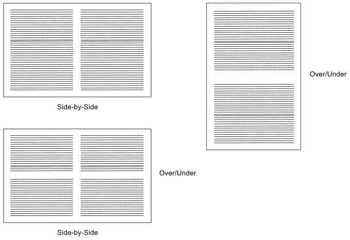 This figure shows three ways of placing subpages on one physical sheet. The first sheet is in landscape orientation and the page is divided in half vertically so that two subpages are side by side. The second sheet is in portrait orientation and the page is divided in half horizontally so that two subpages are over or under each other. The third sheet is in landscape orientation and the page is divided both vertically and horizontally so that four subpages are both side by side and over or under each other.