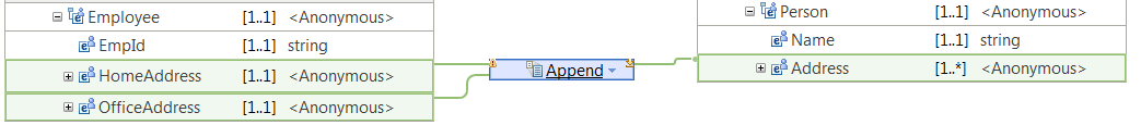 Figure that shows two flat structures wired to the Append transform to create an output array.