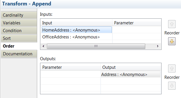 This figure shows the Order tab of the Append transform properties.