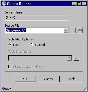 Example of the Create Options dialog where you can specify a source file that contains object definitions to create.