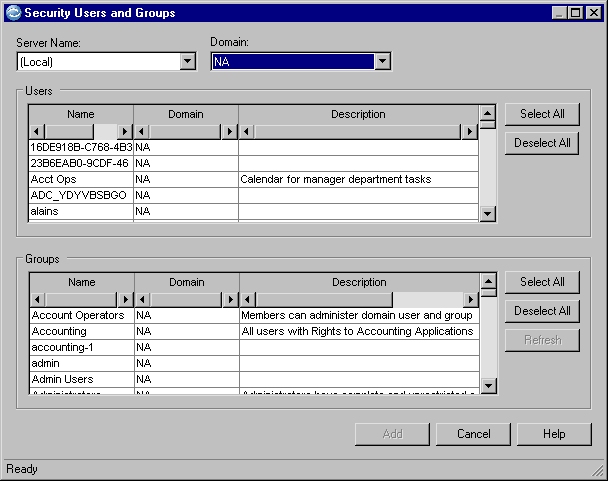 Security Users and Groups dialog