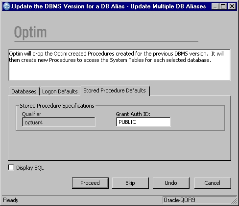 Example of the Stored Procedure Defaults tab on the Update Multiple DB Aliases dialog