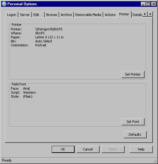 Example of the Printer tab on the Personal Options dialog, described as follows.