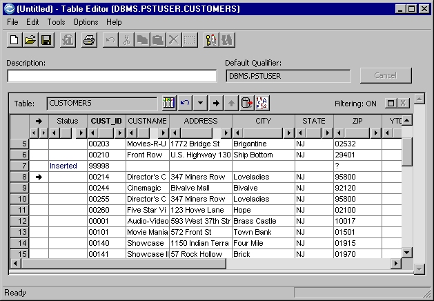 row inserted from the undo row list, described above