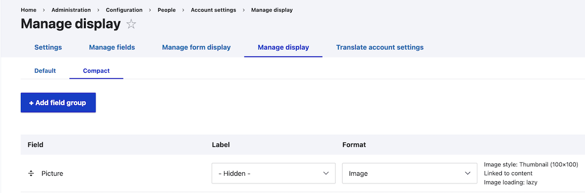 Manage display page displaying the display settings