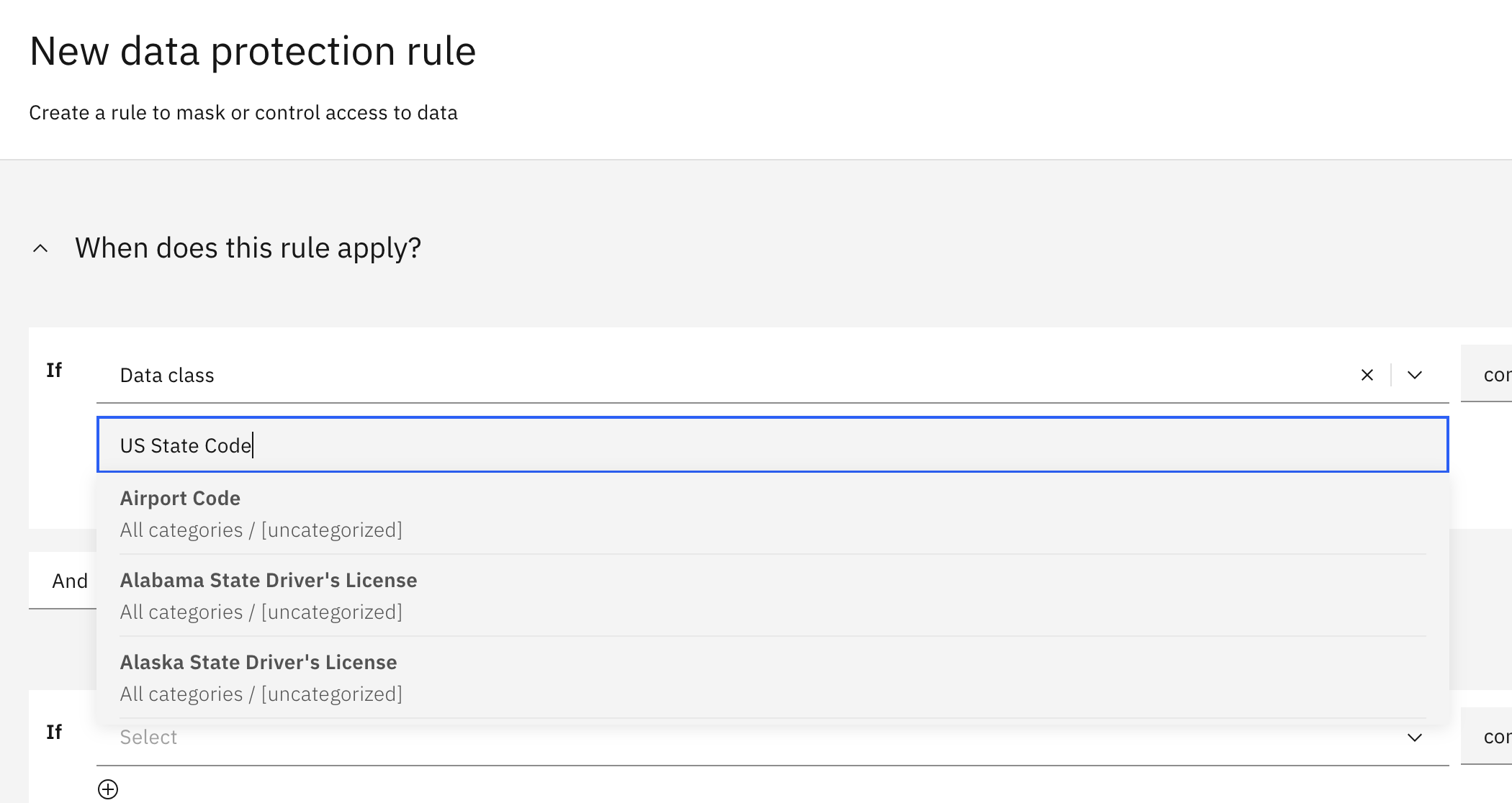 A screen capture of no match display when trying to search a predefined data class in the New Data protection rule dialog.