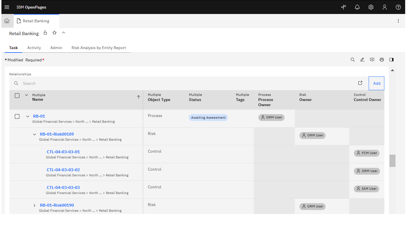 A nested grid in the relationship field of a Task View that shows the child Processes and their descendants.